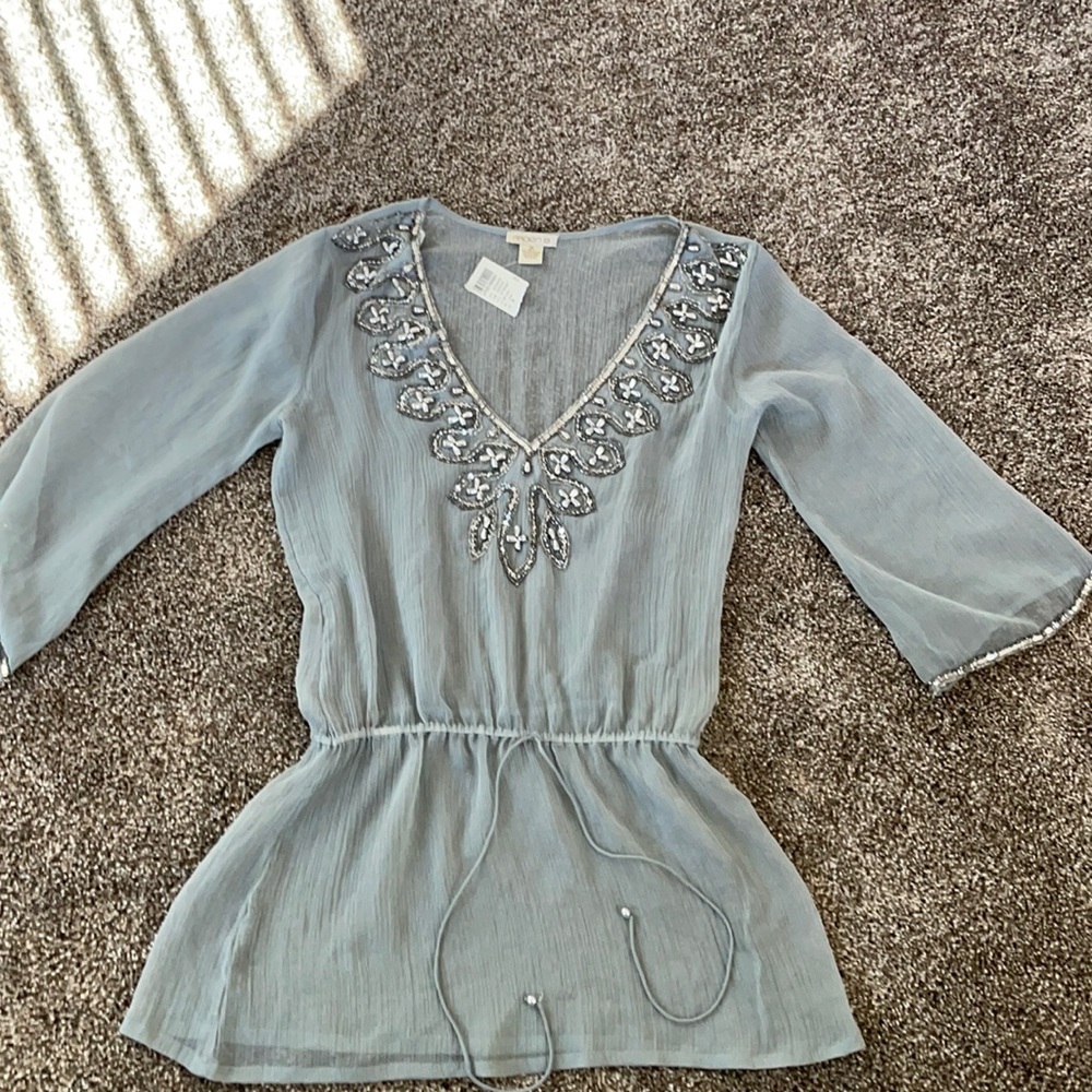 NWT Arden B sheer sequin grey top full sleeves shirt size medium m